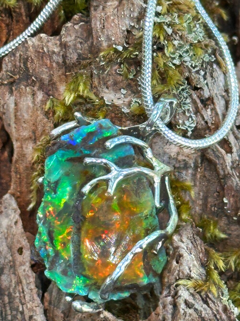 Vibrant Rainbow Fire Opal Silver Branches Necklace